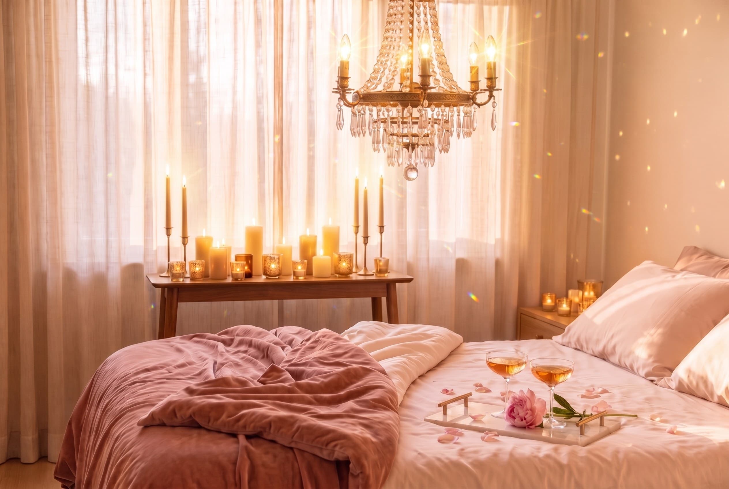 A cosy blush bedroom with the sheer curtains drawn, a slim wooden table of lit candles in front of them, a dimmed brass-and-crystal chandelier overhead, silk sheets, a rose velvet throw and a marble tray with two coupes and a peony