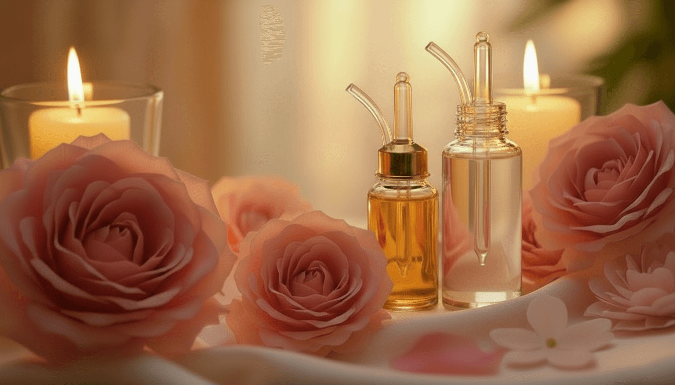 Lit candles in glass holders among blush roses, with clear and amber glass oil bottles on cream silk