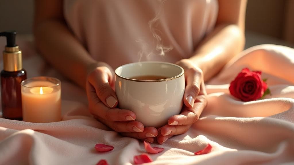 Hands holding a steaming cup of tea on blush linen beside a lit candle, an amber pump bottle and a red rose