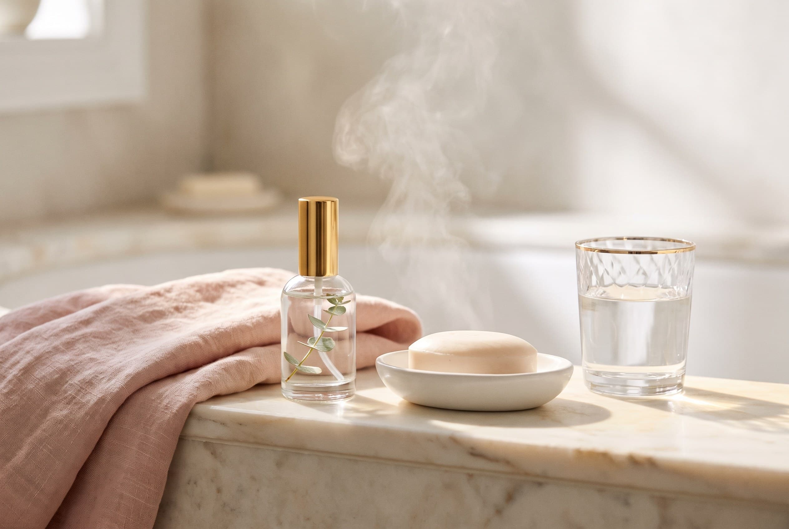A bright marble ledge with a folded blush linen towel, a small clear glass bottle, a ceramic dish, a tumbler of water and a sprig of eucalyptus