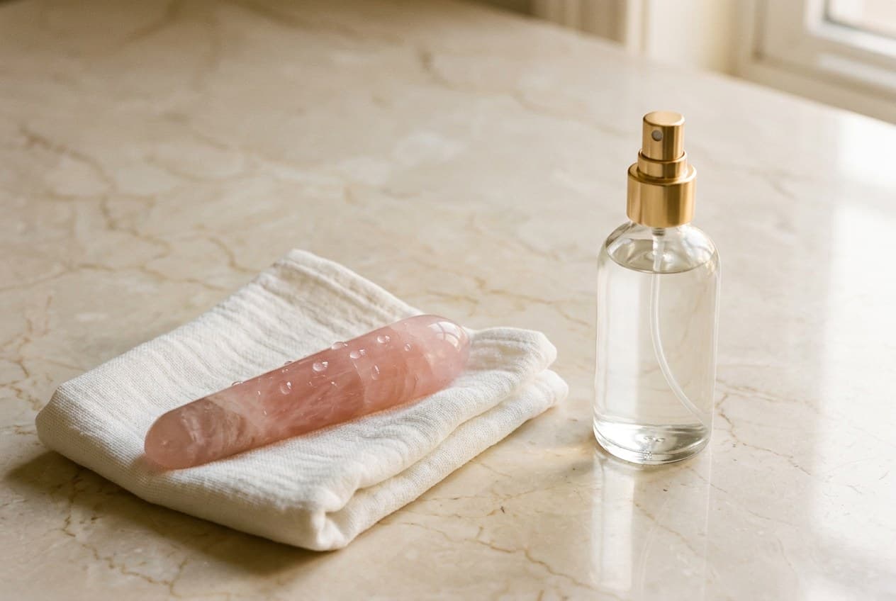 A polished rose-quartz wand, freshly rinsed, resting on a folded white cotton cloth on cream marble beside a clear glass bottle of cleanser