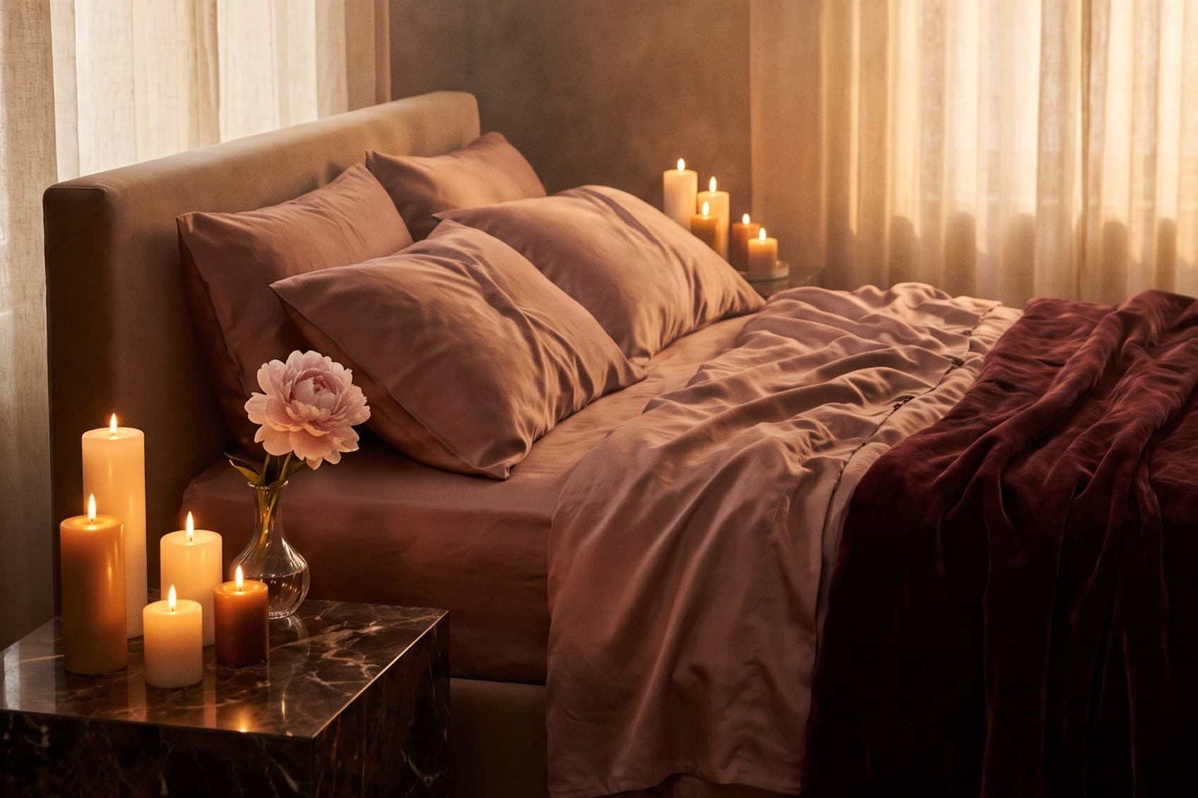 A candlelit bedroom at dusk — dusty-rose silk sheets, a burgundy velvet throw and a single peony beside a marble table