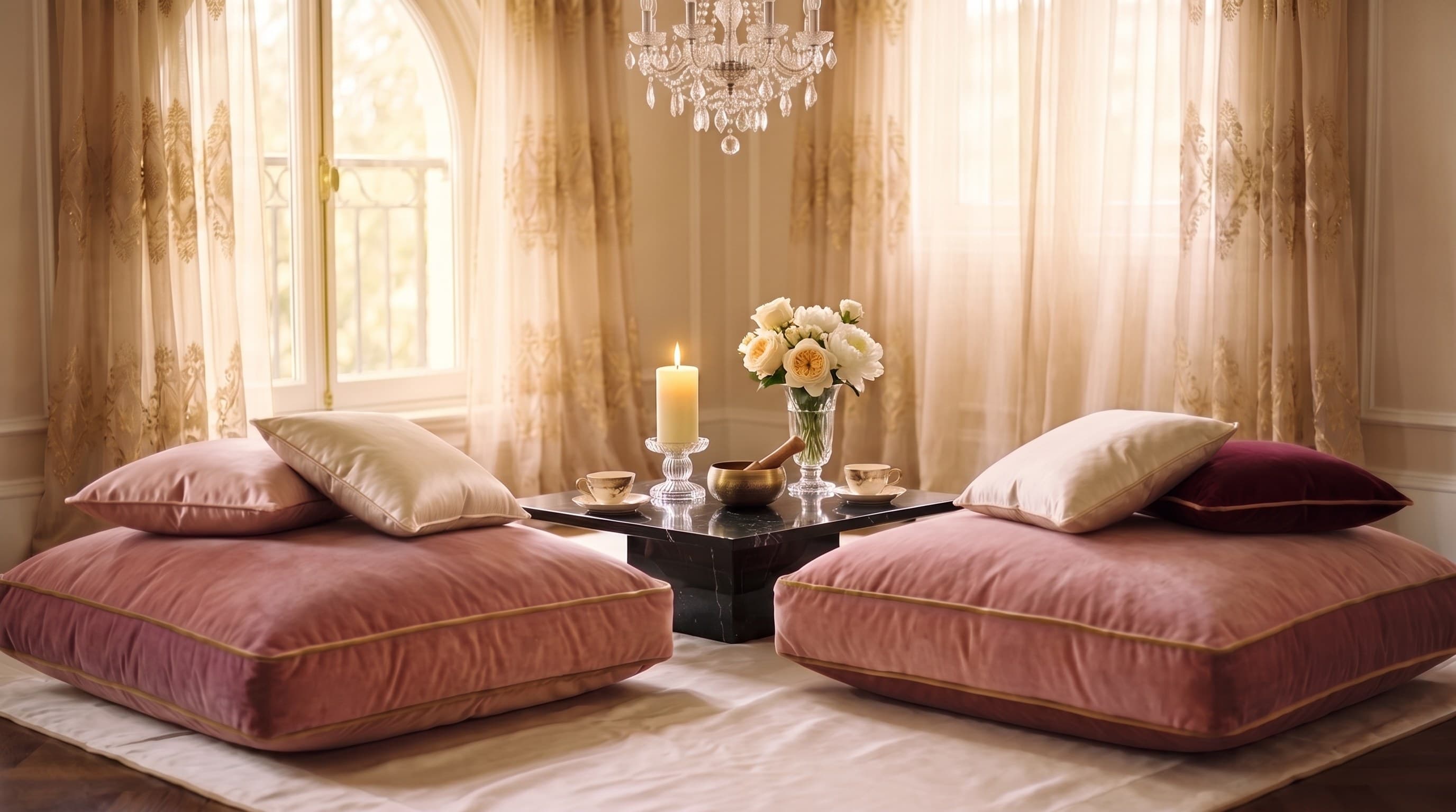 Two rose-velvet floor cushions facing each other across a black-marble table with a crystal pillar candle, a singing bowl, two teacups and cream roses, under a crystal chandelier by an arched window