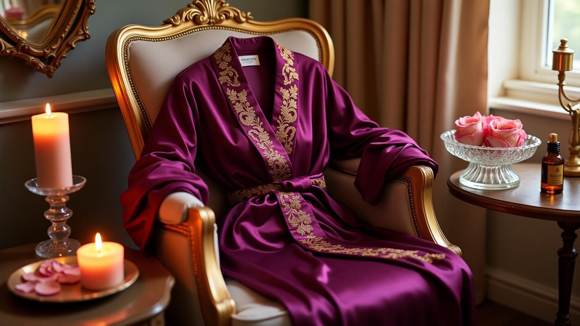 A plum satin robe draped over a gilded armchair beside lit pillar candles, a bowl of pink roses and an amber oil bottle
