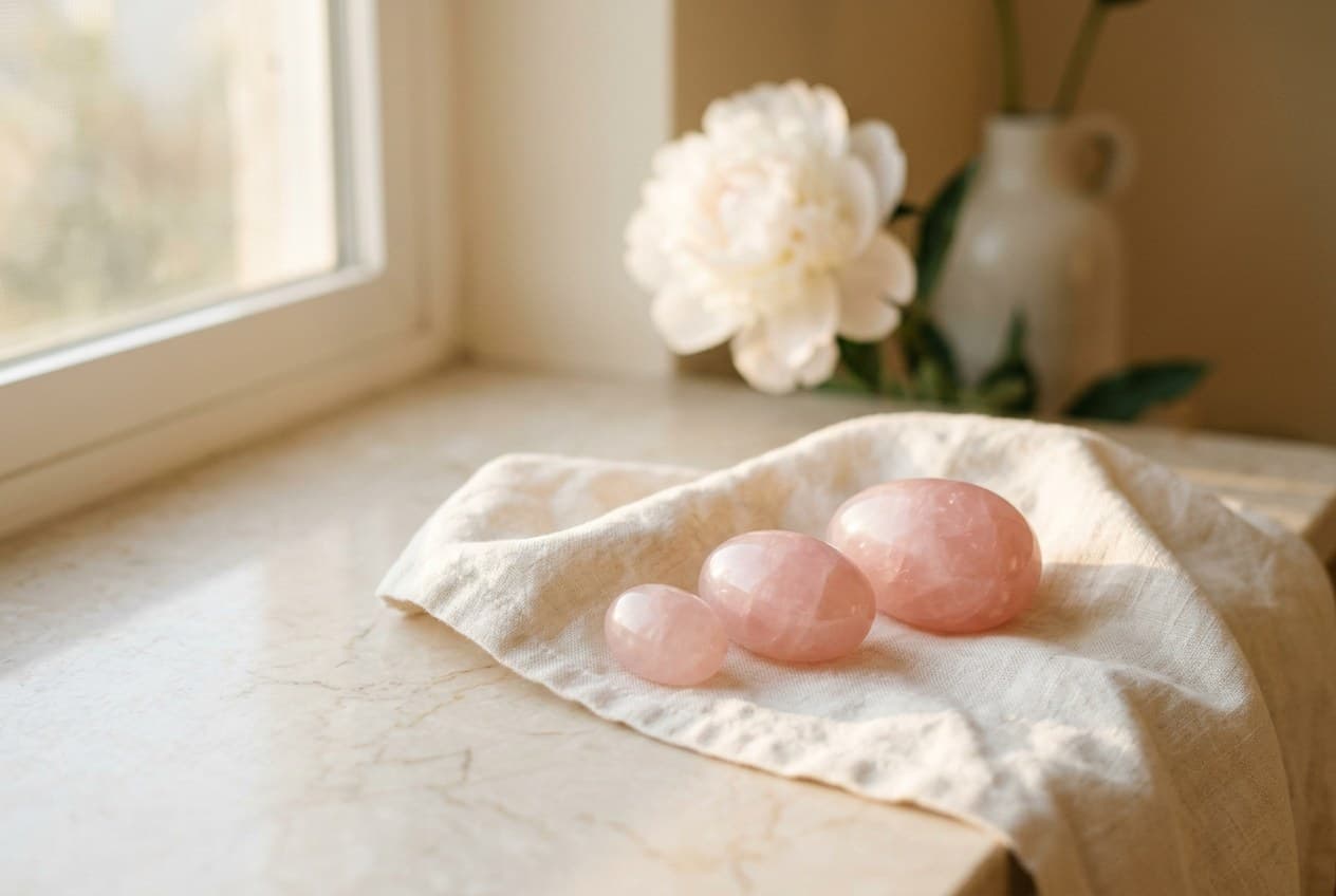 Three polished rose-quartz eggs in graduated sizes resting on folded ivory linen in golden morning light