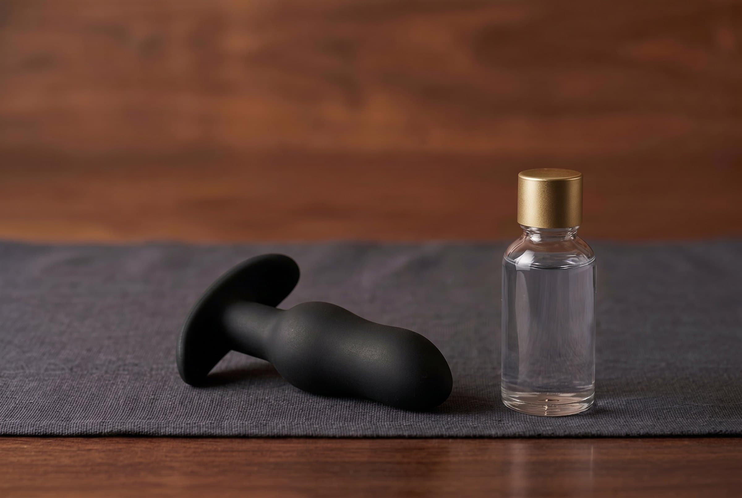 A matte black silicone prostate massager with a flared base lying on its side on a smooth charcoal linen runner over walnut, beside a small clear glass bottle of water-based glide with a gold cap