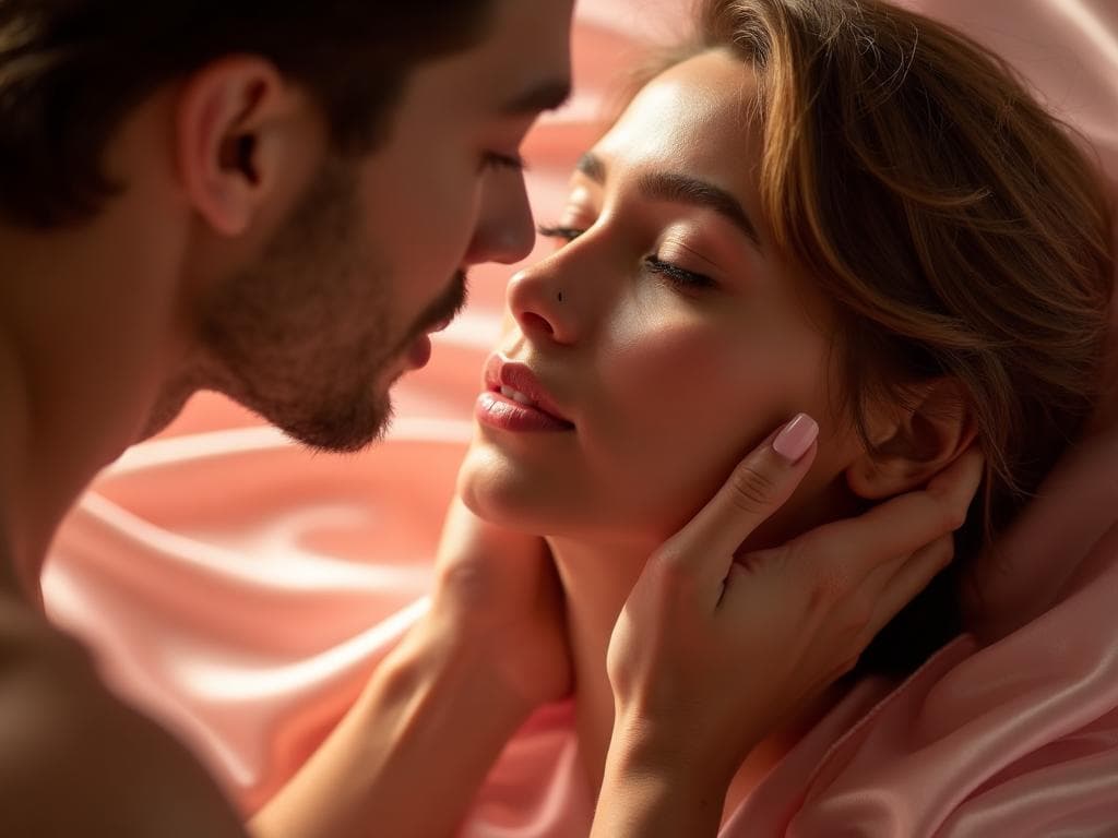 A couple close together on pink satin, one gently cradling the other’s face